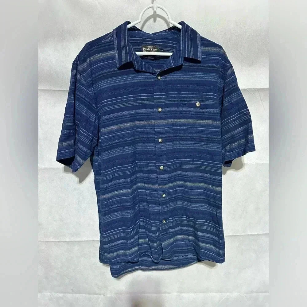 Pendleton Woolen Mills Men’s L Blue Striped Button Up Short Sleeve Shirt Fitted